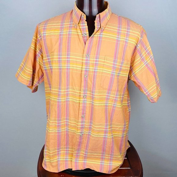 Viyella Italy Two Ply 80'S Orange Pink Plaid Men's XL Button Down Collar Shirt